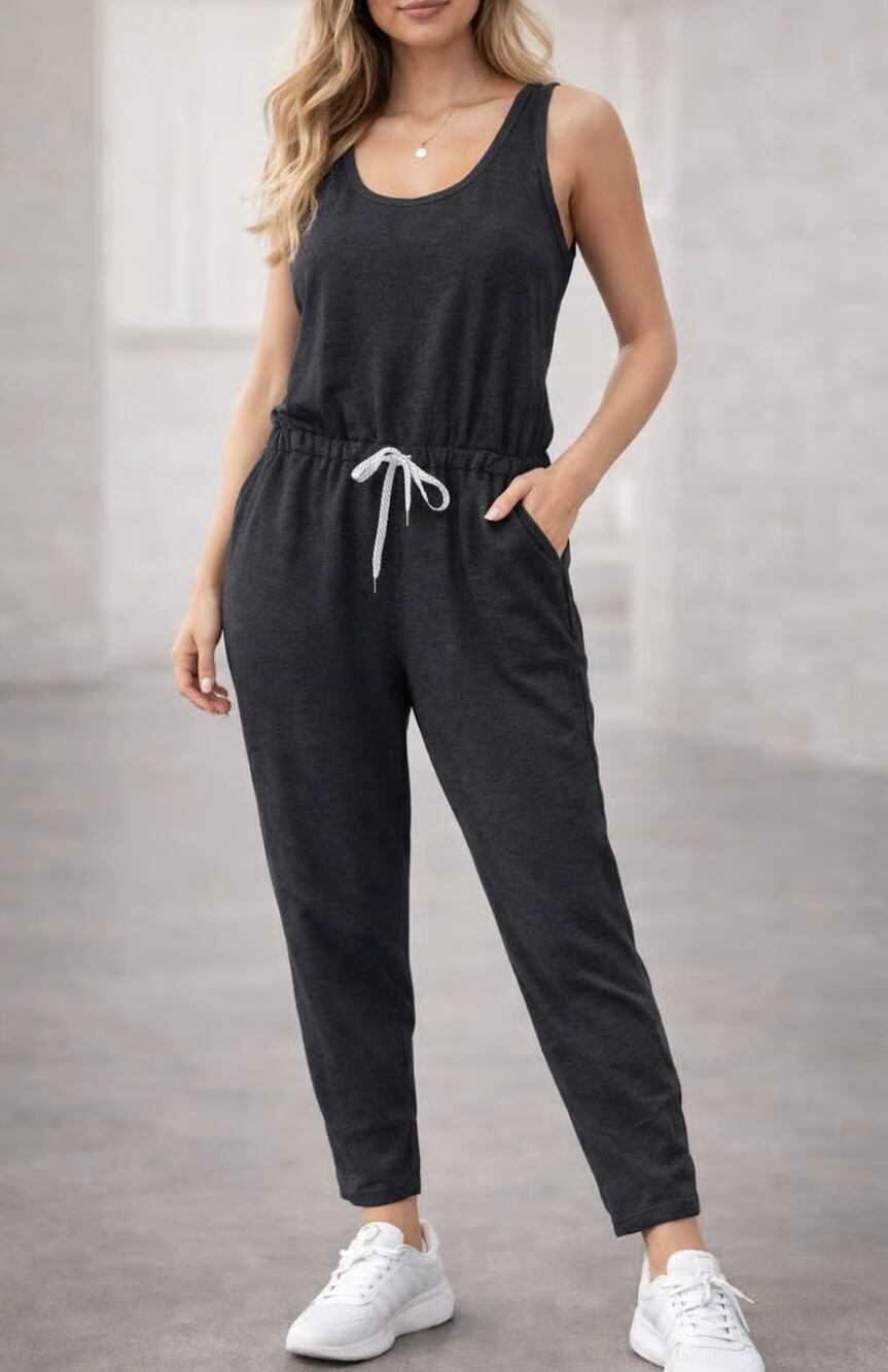 Zella Gray Sleeveless Jumpsuit Drawstring Waist Pockets Athleisure Medium